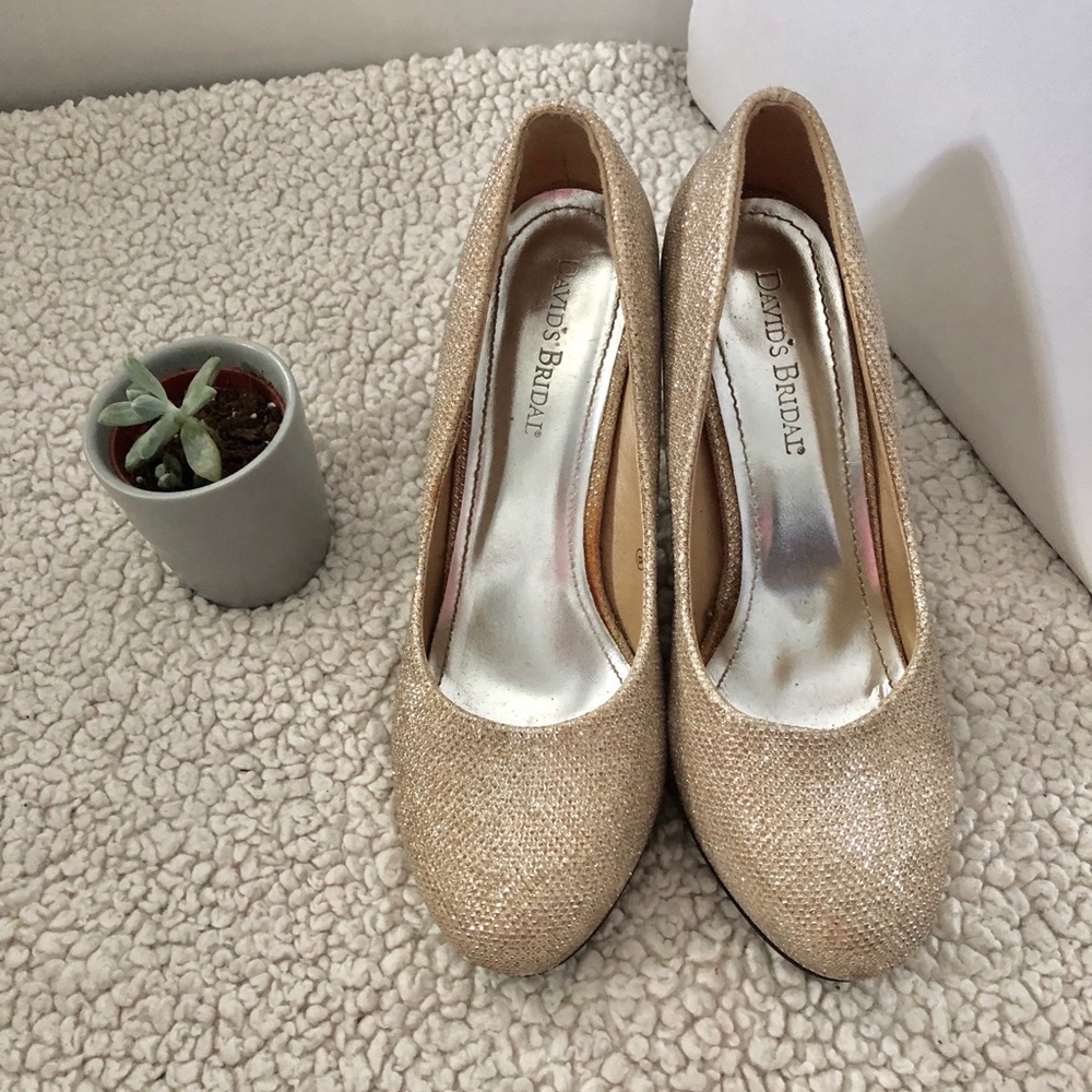 Sparkly, champange, closed-toe kitten heels.